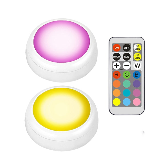 AIBOO LED Cabinet battery RGB Color Puck Lights Dimmable Under Shelf Kitchen  Counter Lighting remote controller night light