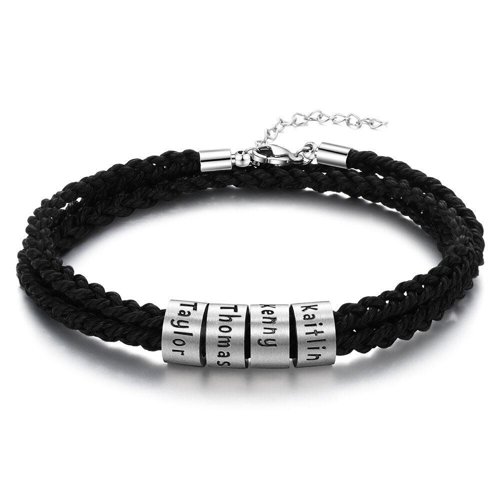 Personalized Stainless Steel Custom Name Beads Bracelet Adjustable Multilayer Braided Rope Men Bracelets Dad Gift