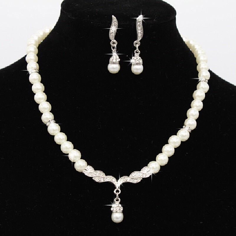 3pcs/set Women Bridal Elegant Wedding Party Pearl Rhinestone Necklace Earrings Jewelry Set New Fashion