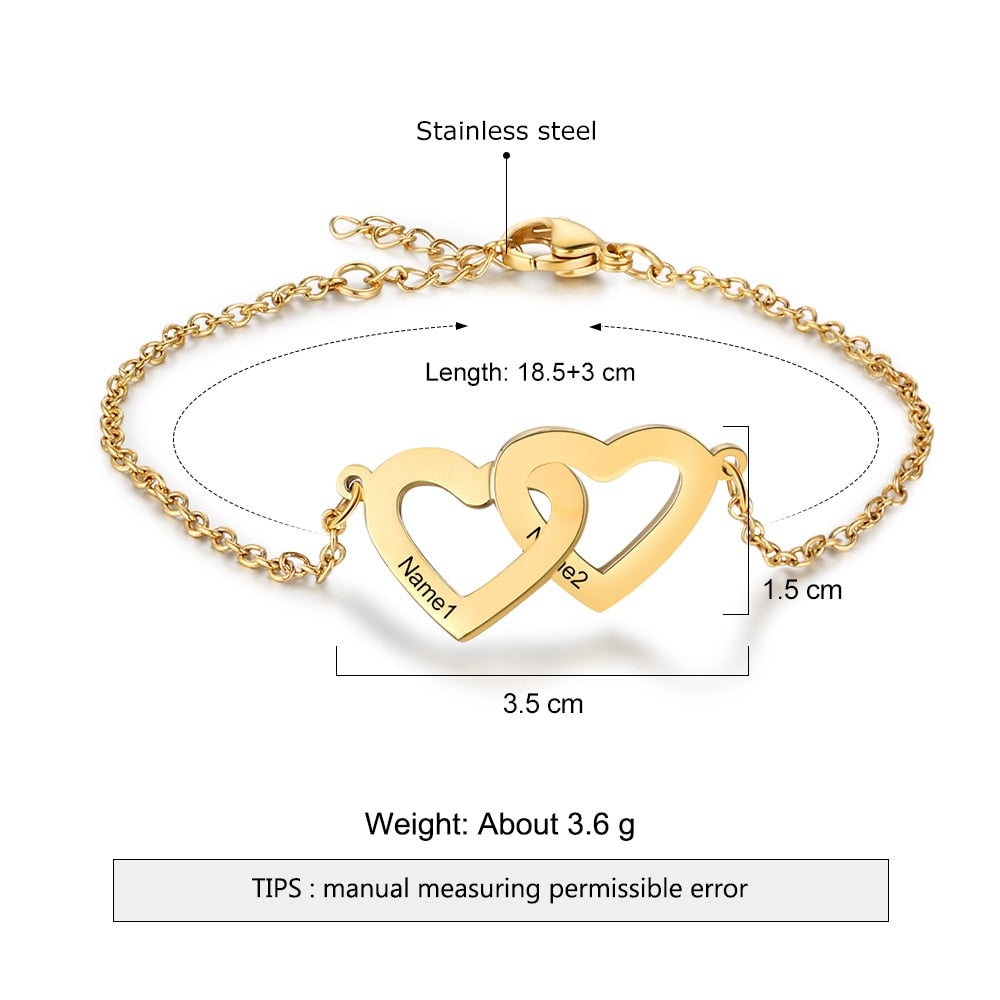 Personalized Intertwined Heart Bracelets with 2 Custom Names Customized Stainless Steel Engraved Bracelets &amp; Bangles (BA102500)