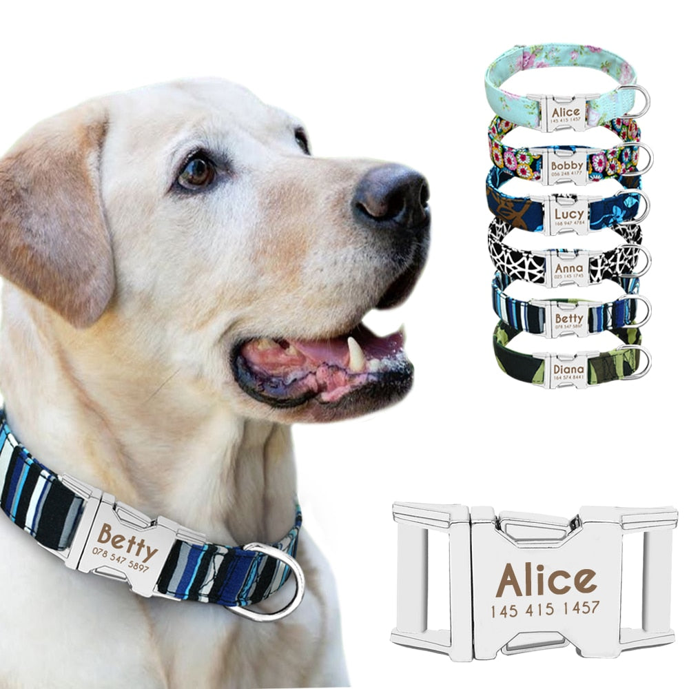 Personalized Dog Collar Nylon Print Dog Collars Customized Puppy Pet Collar Engraved Name ID for Small Medium Large Big Dogs Pug