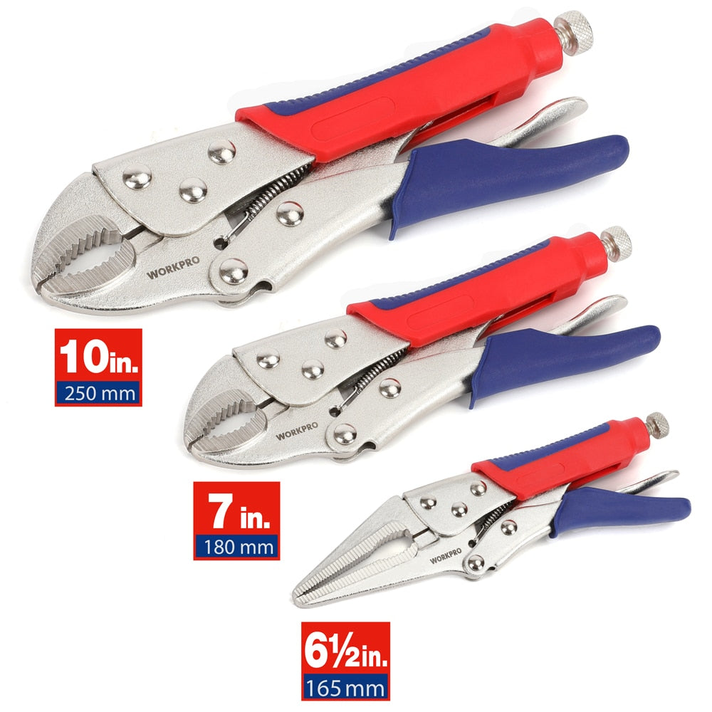 WORKPRO 3PC Locking Pliers Welding Tools Pliers Set 7" 10" Curved Jaw Pliers 6-1/2" Straight Jaw Pliers