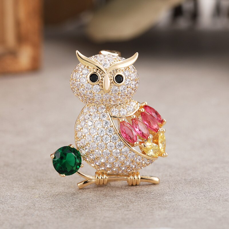 Blucome Luxury Colorful Cubic Zircon Owl Bird Brooches Corsage Gold Color Copper Women Weddings Banquet Brooch Lapel Pins Gifts