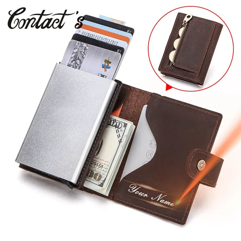 Contact's Customize Men Card Wallet Business Credit Card Holders Crazy Horse Leather Men Mini Wallets Rfid Aluminium Box Purse