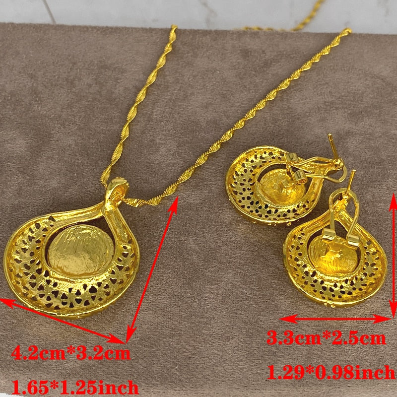 24k Gold Plated Ethiopian Earrings Pendant Necklace Set Dubai Women's Jewelry Set Africa India Nigeria Wedding Gift Party Jewelr