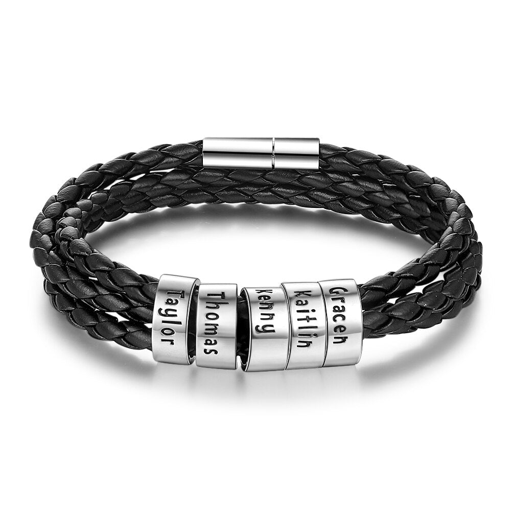 JewelOra Personalized Family Names Men Bracelet with Custom Beads Black Multilayer Leather Charm Bracelets for Men Accessories