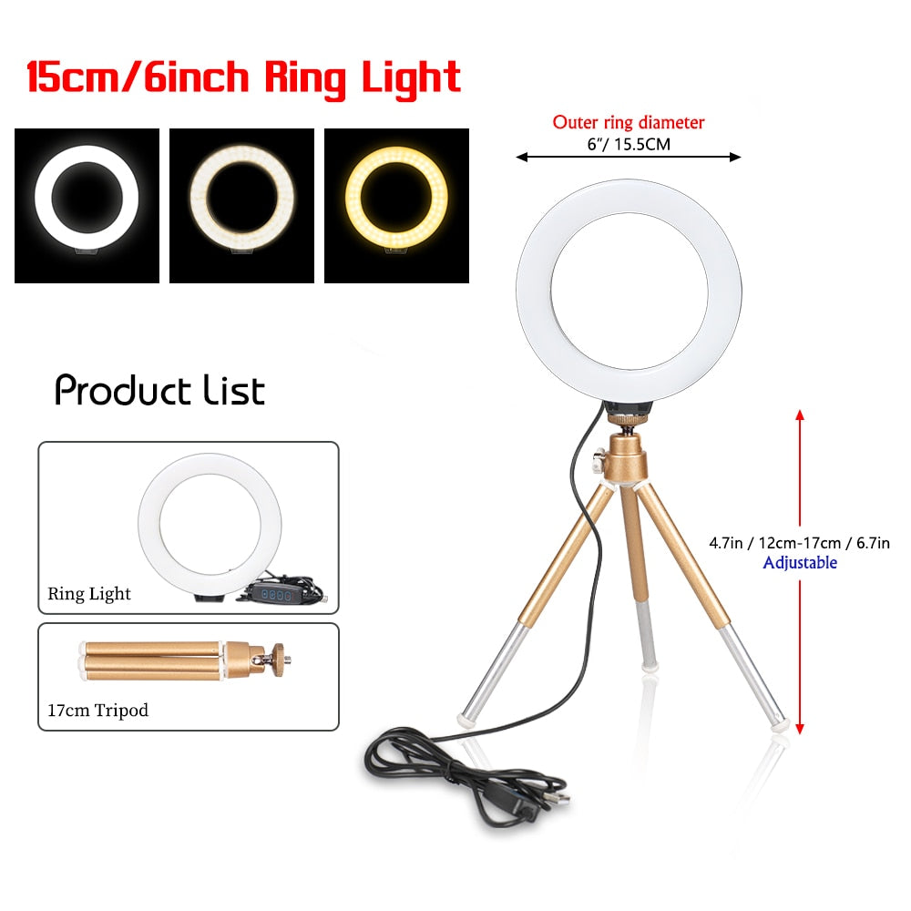 SH 16cm 6 inch Circle Round Light With Tripod Stand Usb Charge Selfie Led Lamp Dimmable Photography Light For Photo Photography Studio