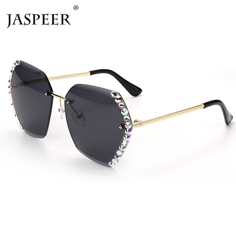 JASPEER New Crystal Rimless Sunglasses Women Luxury Brand Designer Rhinestone Frameless Gradual Sun Glasses Shades Hexagon