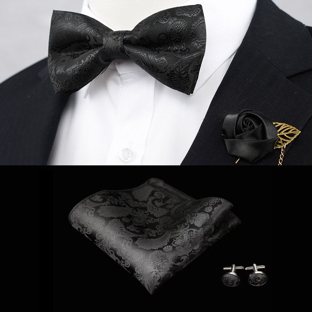 New Silk Flower Business Bowtie Men Vintage Purple Red Black Gold Royal Blue Wedding Bow Ties Pocket Square Handkerchief Set