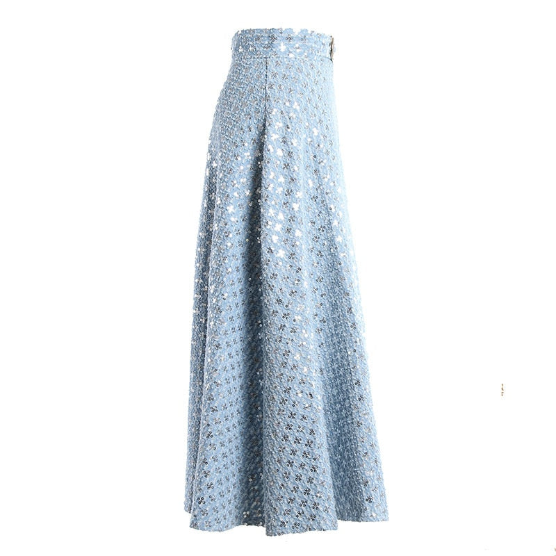 TWOTWINSTYLE Denim Patchwork Sequin Skirt For Women High Waist Casual A Line Skirts Female Fashion New Clothing 2022 Spring New