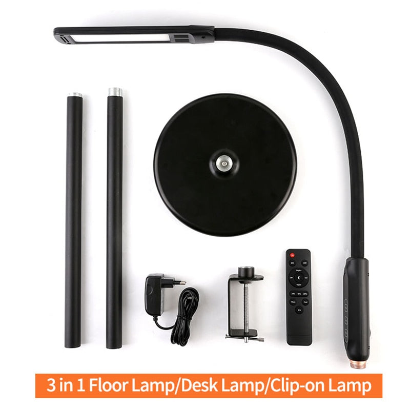 LED 3 In 1 Clip-on Lamp Floor Lamp Desk Lamp With Remote Control Dimming Gooseneck Pole Folding Lamp For Bed Living Room Office