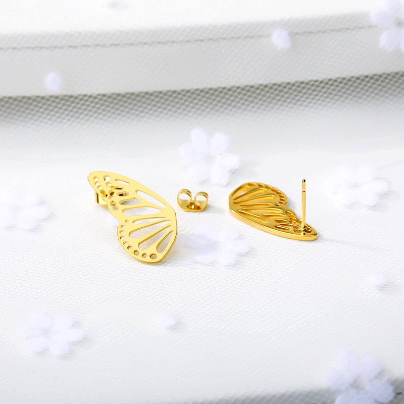 Gold Color Hollow Butterfly Small Earrings Elegant Fan Shaped Women Stainless Steel Stud Earrings Fashion Jewelry Pendientes BFF