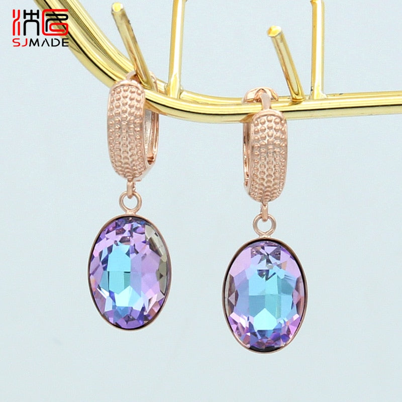 SHENJIANG New Fashion Egg Shape Oval Crystal Dangle Earrings Rose Gold For Women Wedding Elegant Jewelry