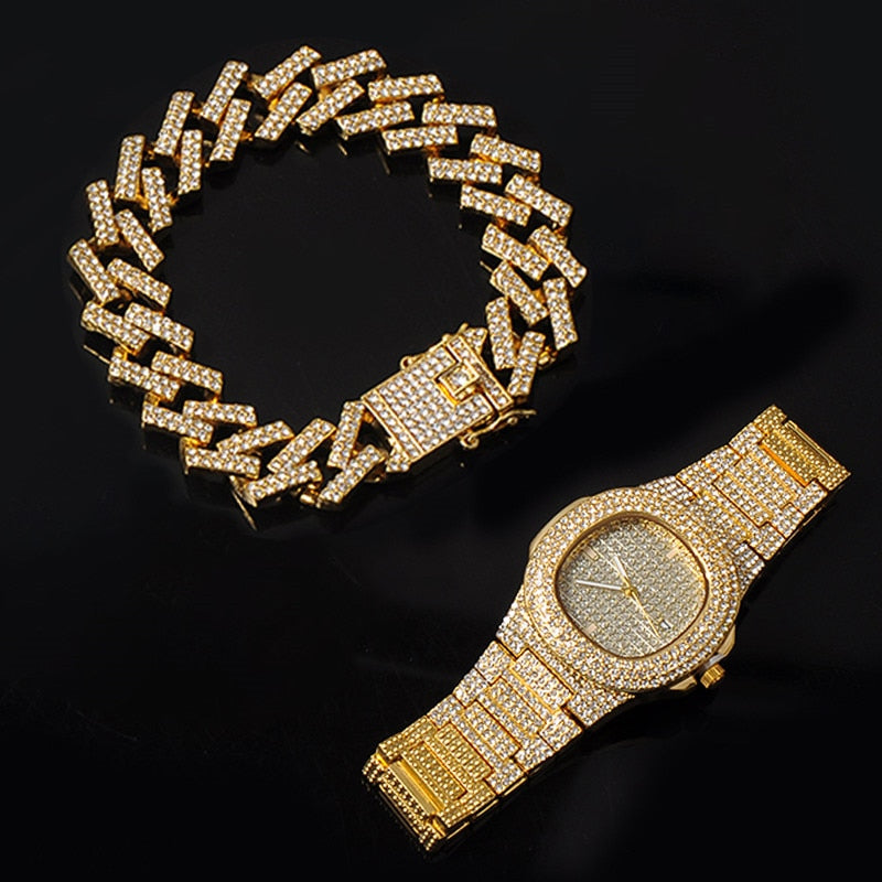 Hip Hop 15MM Necklace +Watch+Bracelet Bling Iced Out Miami Zircon Cuban Pave Rhinestone Men Bracelet Necklace For Men Jewelry