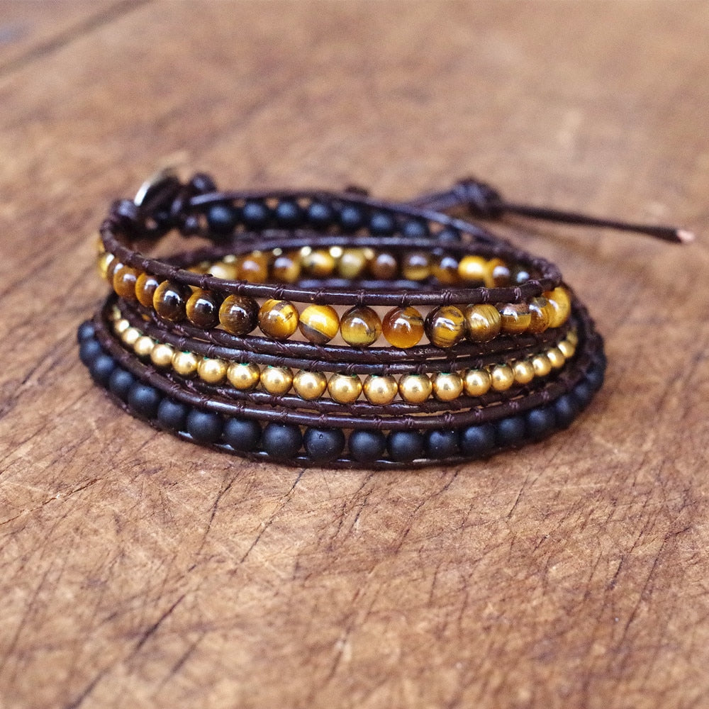 DIY Handmade Jewelry for Women Men Multilayer Leather Bracelet Natural Stone 4mm Tiger Eye Stone Beads Wrap Bracelet