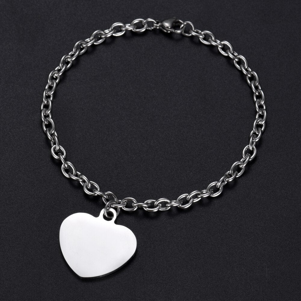 Customized Bracelet For Men Women Stainless Steel Heart Round Charm Trend Jewelry Engraving Photos Name Logo Bracelets Gift