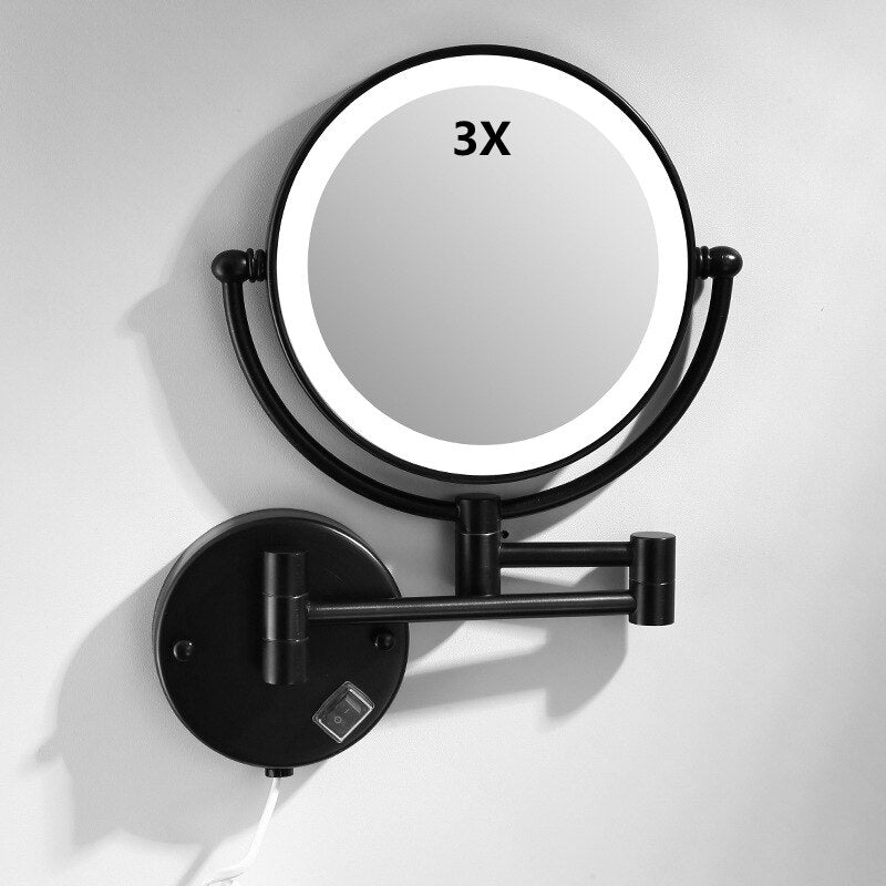 Makeup Mirrors Black/Brushed Gold Brass Wall Extending Folding Double Side LED Light Mirror 3 X/5X/10X Magnification Bath Mirror