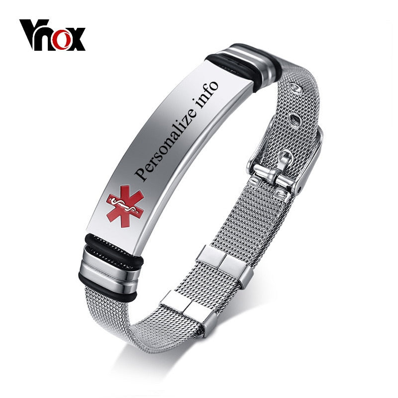 Vnox Free Personalized Engraving Medical Alert ID Bracelet For Women Men Stainless Steel Adjustable Watch Band Emergency Jewelry