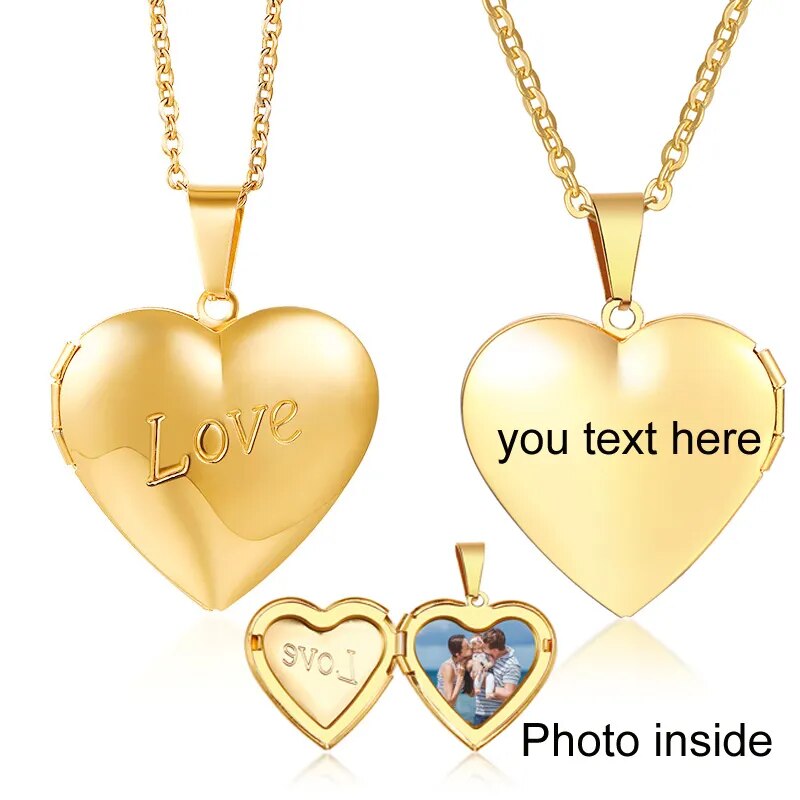 Custom Locket Heart Necklace Pendant Women Photo Picture Engraved Round Circle Stainless Steel Lady Mom Gifts