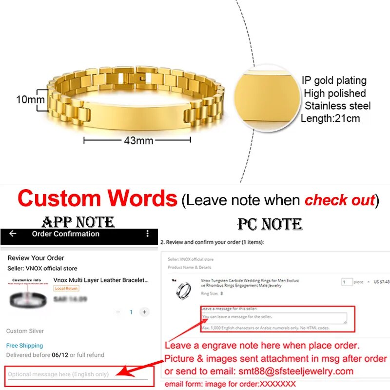 Vnox Gold Tone Stainless Steel Mens ID Bracelets Free Engraving Laser Name Date Customize Gift