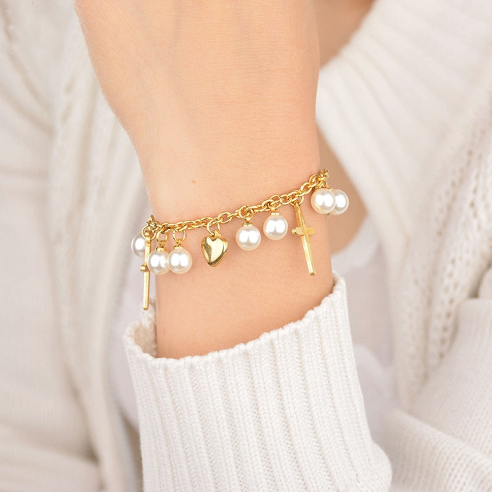 Women New Cross Pearl Heart Charms Bracelet Bohemia Gold Color Stainless Steel Link Chain Bracelets Fashion Christian Jewelry