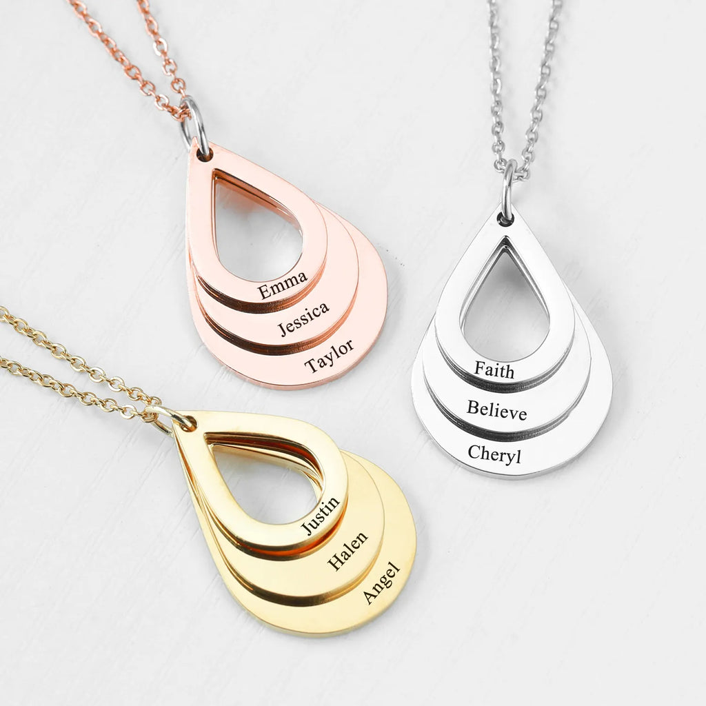 Personalized Name Necklaces Engraved 3 Names Necklace Water Drop Shape Charm Customized Stainless steel Jewelry Gifts For Women