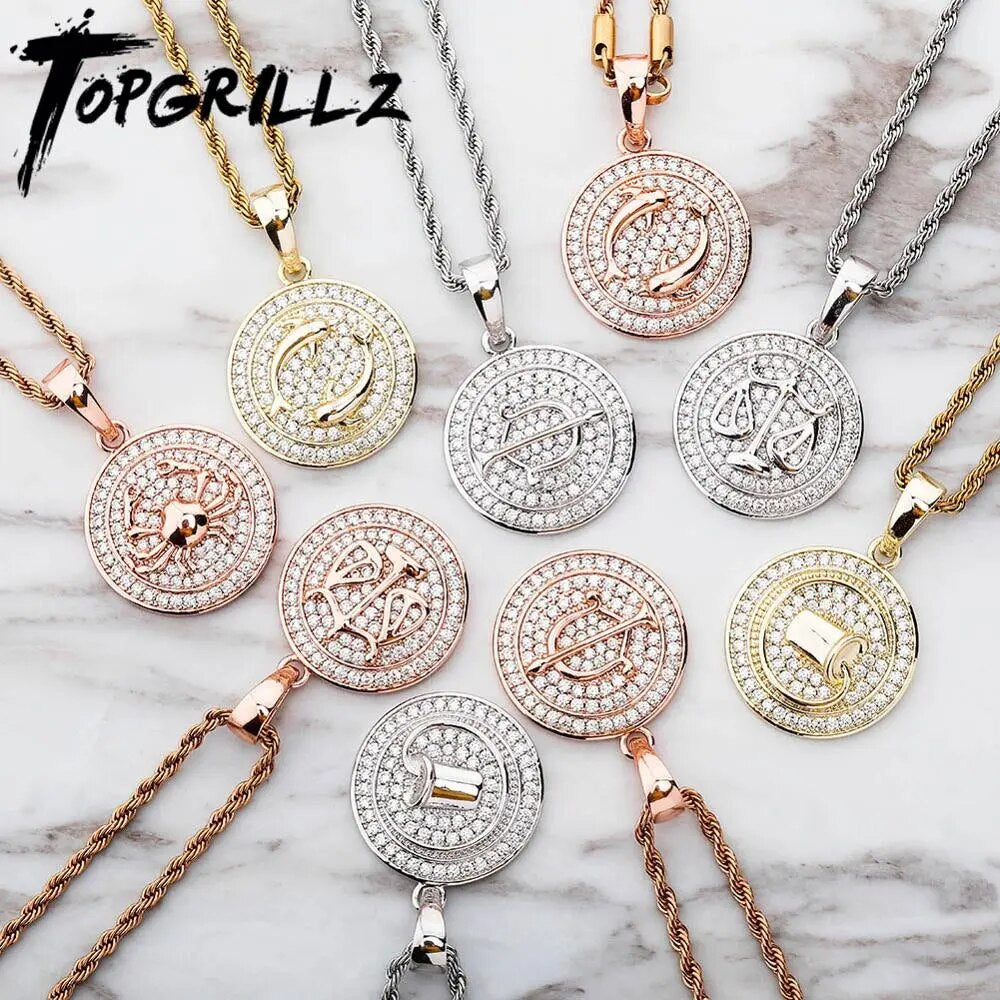 TOPGRILLZ 2020 New 12 constellations Pendant Iced Out Micro Pave Cubic Zirconia Hip hop Personalised Jewelry Men Women For Gift