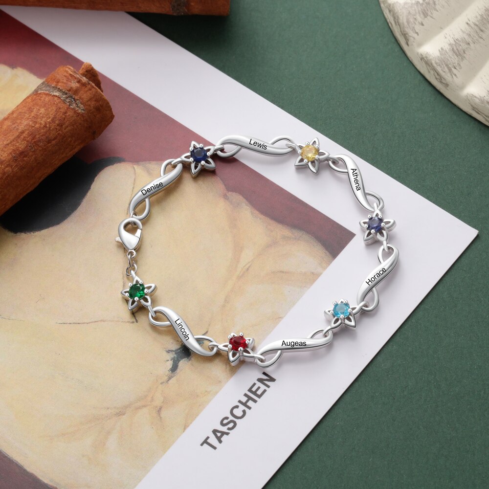 JewelOra Personalized Name Engraving Infinity Bracelet Customized 2-7 Inlaid Birthstone Flower Bracelets for Women Mothers Gifts