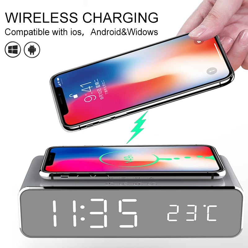 LED Electric Alarm Clock With Wireless Charger Desktop Digital Despertador Thermometer Clock HD Mirror Clock Watch Table Decor