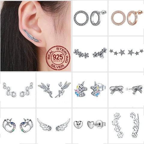 BISAER 925 Sterling Silver Circle Licorne Tree Leaves Snowflake Butterfly Stud Earrings Women Fashion Earrings Jewelry Brincos