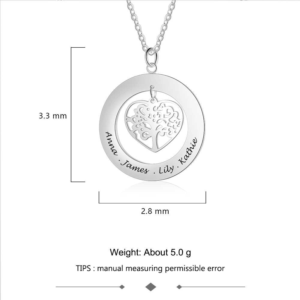 JewelOra Personalized Tree of Life Engrave Name Necklace Silver Color Round Customized Necklaces & Pendants Family Gifts