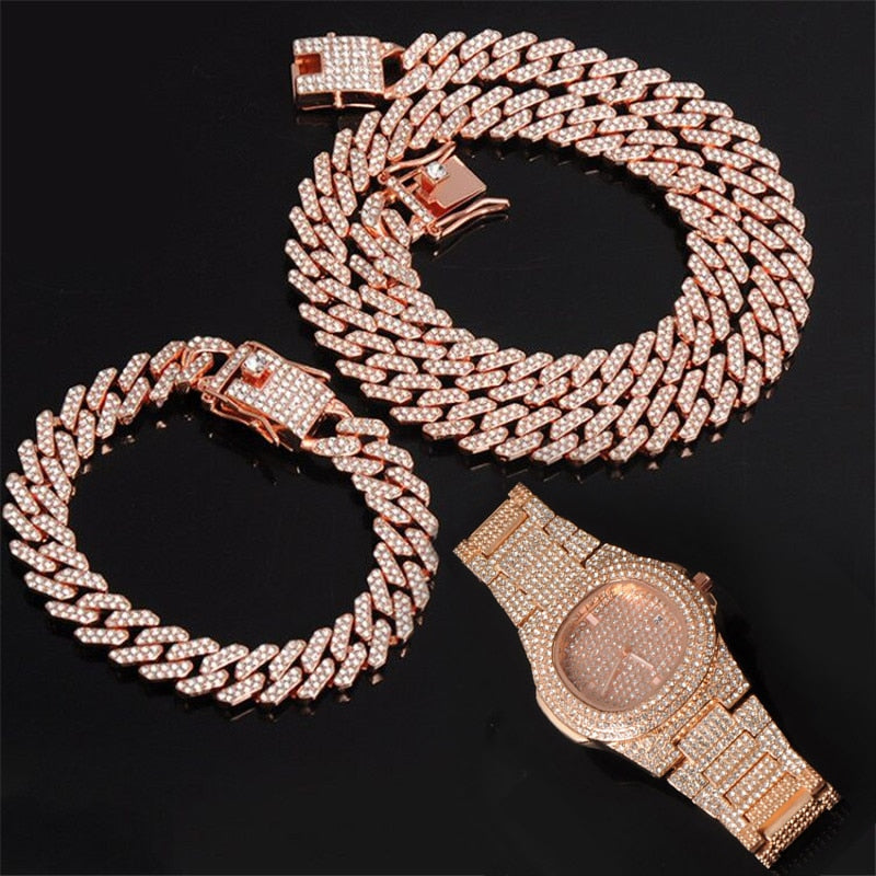 Hip Hop 15MM Necklace +Watch+Bracelet Bling Iced Out Miami Zircon Cuban Pave Rhinestone Men Bracelet Necklace For Men Jewelry