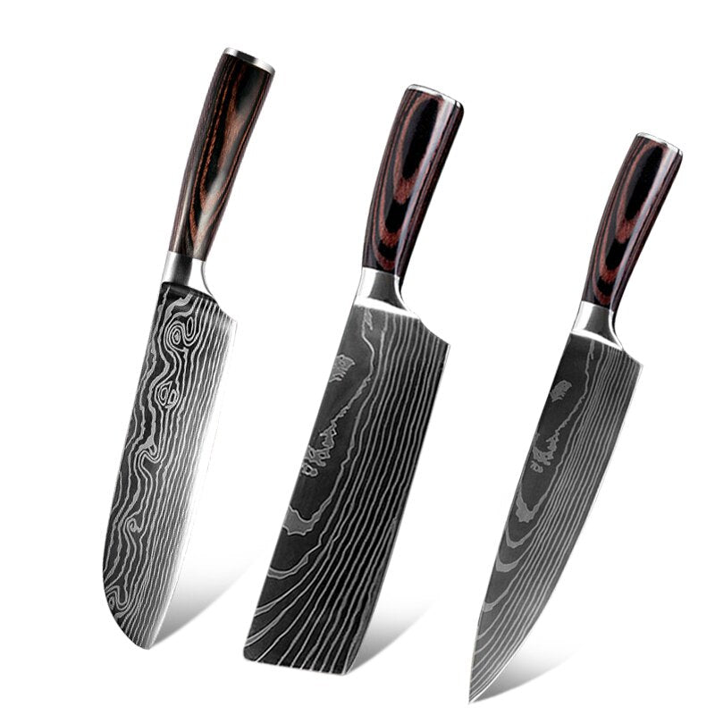 10pcs Damascus Kitchen Knife Set Laser Pattern Professional Chef Knives 440C Stainless Steel Knife Sharpener