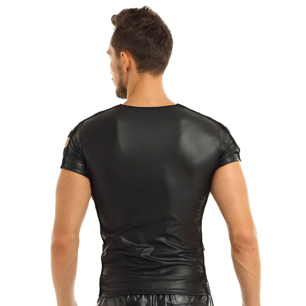 Men's Black Party T-Shirt: Slim Fit Muscle Top with Faux Leather, Elastic Band, and Fashionable Cut-Out Design for Clubwear and Raves