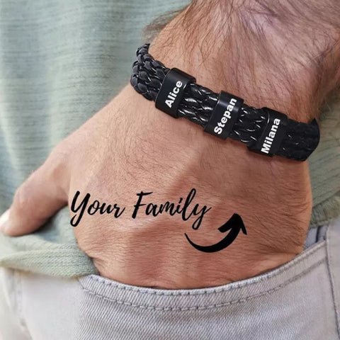 Black Braided Leather Bracelet With Name Personalized Custom Beads Bangle Bracelet for Men Husband Family Gifts