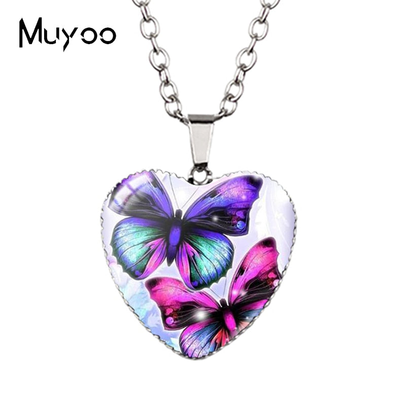 New Arrival Purple Blue Colorful Butterflies with Flower Heart Handcraft Jewelry Pendants Magical Butterfly Heart Necklace HZ3