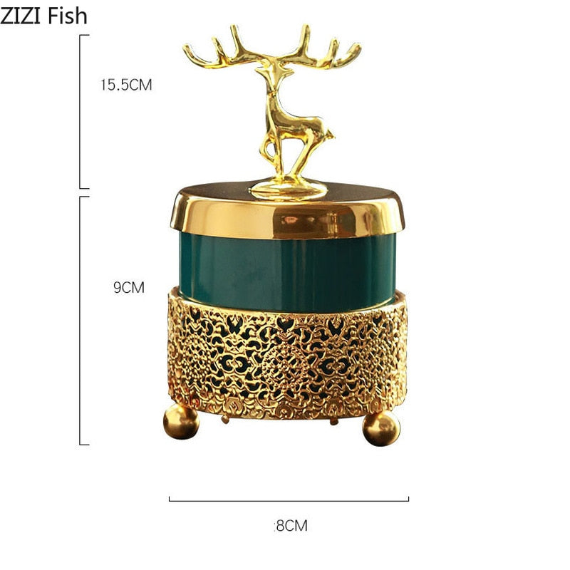 Luxury Deer Golden Hollow Lace Ashtray with Lid Decoration Living Room Elk Gold Frame Emerald Ceramic Ashtray Gift for Boyfriend