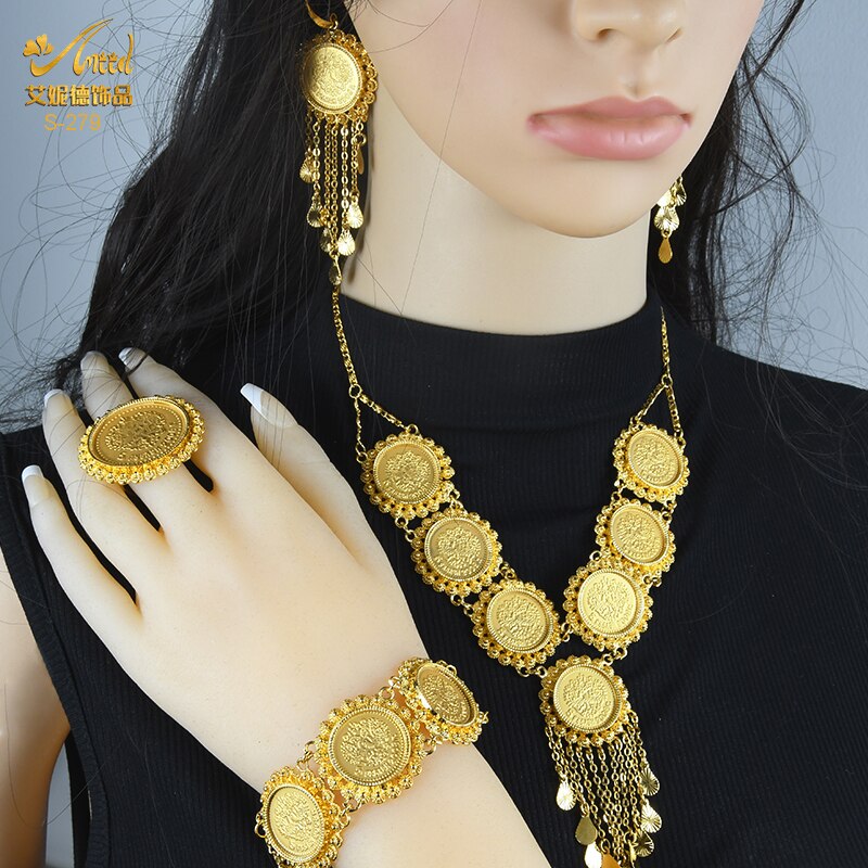 ANIID Dubai Gold Plated Coin Necklace Bracelet Jewelry Sets For Women African Ethiopian Bridal Wedding Luxury Jewellery Gifts