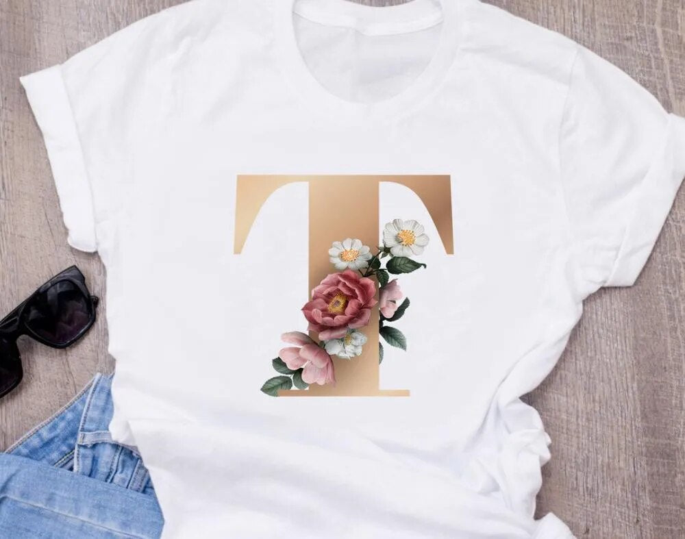 High-Quality Custom Personalized Name Letter (O) Combination T-Shirt for Women with Floral Alphabet Design in Short Sleeves.