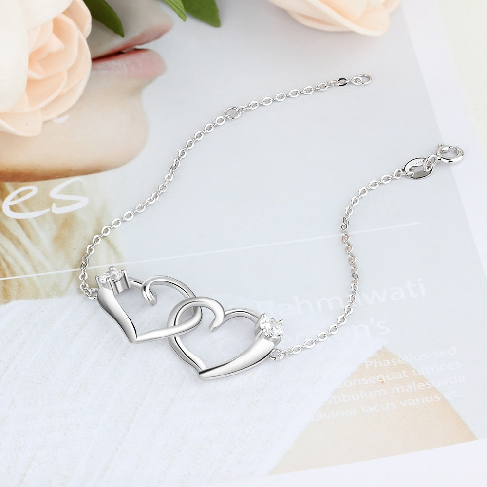 Silver Color Intertwined Heart Bracelet with Cubic Zirconia Fashion Adjustable Chain Bracelets for Women  (BA102459)