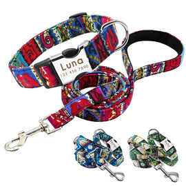 Custom Dog Collar Leash Set Personalized Pet Dog Tag Collar Engraved Nameplate ID Tags Collars Adjustable Nylon Puppy Leashes