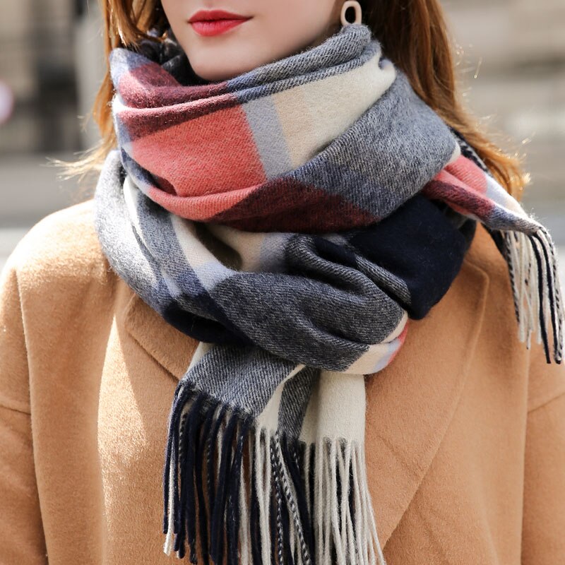 Winter 100% Wool Scarf for Women Neck Warmer Cashmere Shawls and Wraps Echarpe Pashmina Ladies Plaid Wool Scarves Foulard Femme