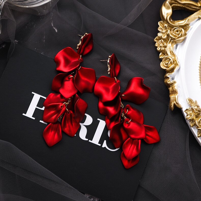 2019 hot fashion exaggerated earrings personality red rose petals long earrings beach party holiday earrings for women