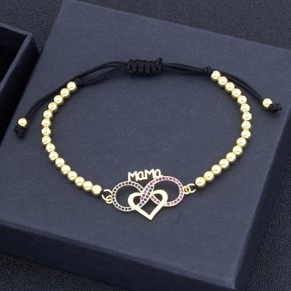 Handmade Bead Bracelet Heart Shape Adjustable Mama Bracelets High Quality Copper Cubic Zirconia Jewelry Gift For Women Mom