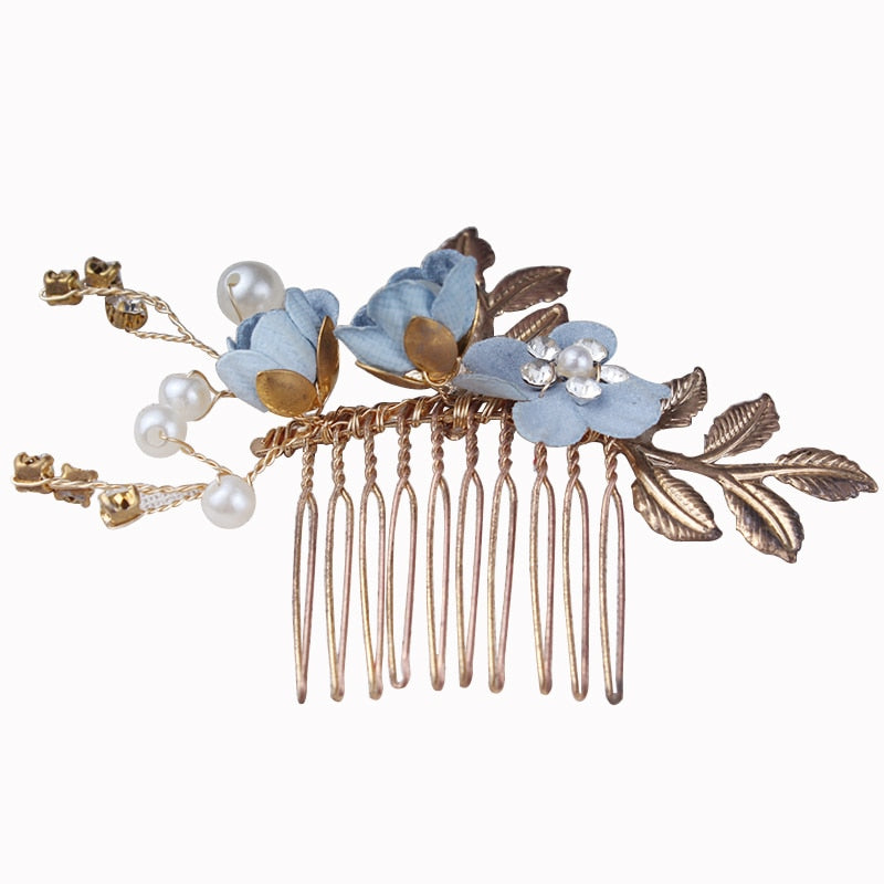 Bridal Wedding Hair Accessories Fashion Pearl Crystal Cloth Flower Hair Combs Headdress Gold Leaves Hair Jewelry Hair Pins