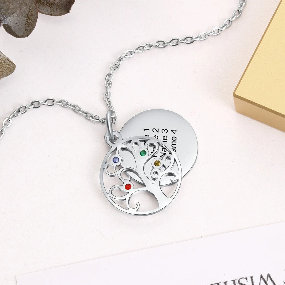 JewelOra Personalized Filigree Family Tree Pendant Necklace with Birthstones Women Custom Name Engraved Tree of Life Necklaces