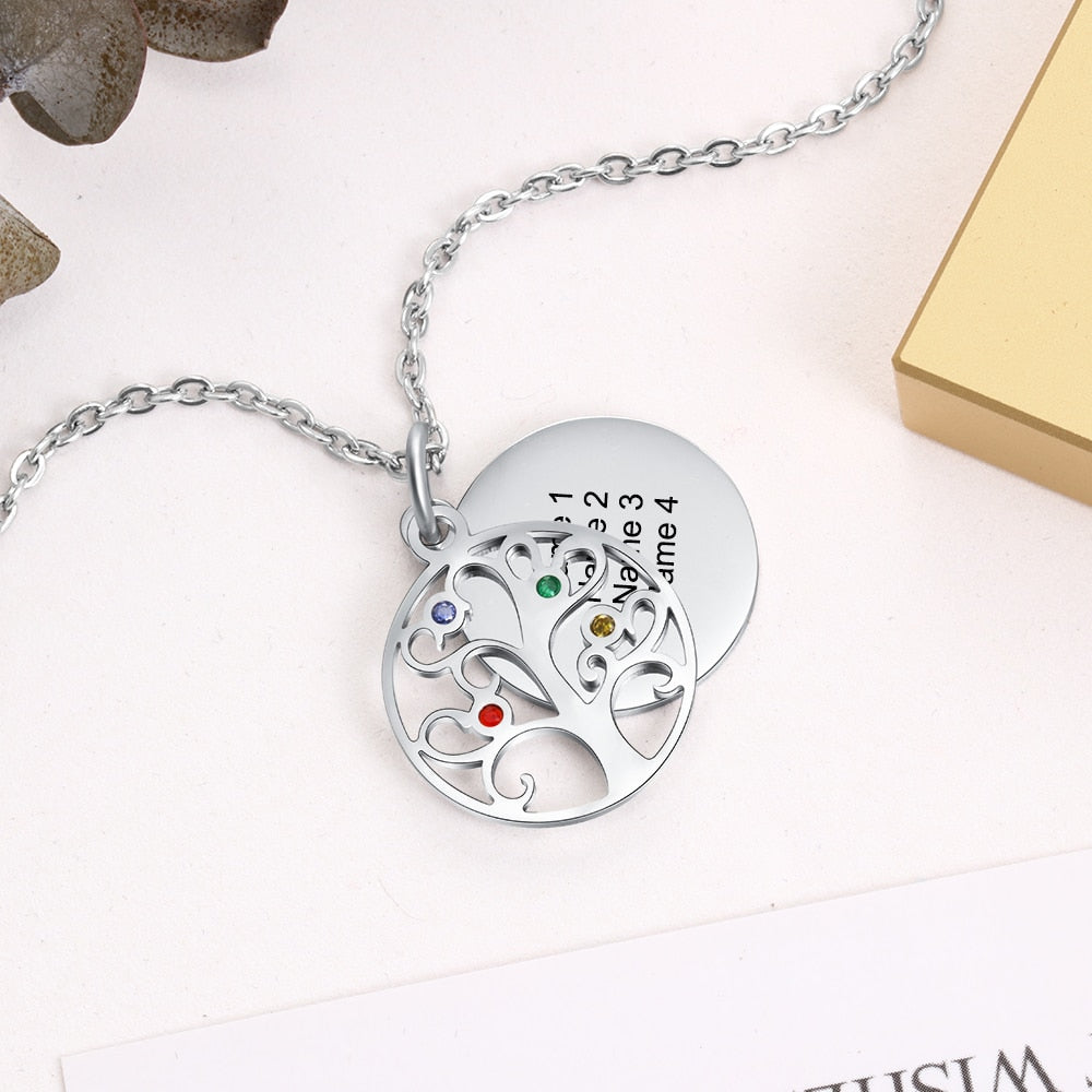 JewelOra Personalized Filigree Family Tree Pendant Necklace with Birthstones Women Custom Name Engraved Tree of Life Necklaces