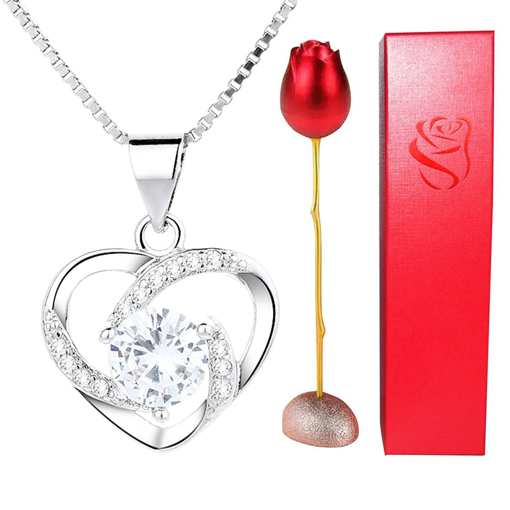 Rose Holder Eternal Love Necklace Set Romantic Rhombus Zircon Pendant With Immortal Valentines&#39; Day Gifts