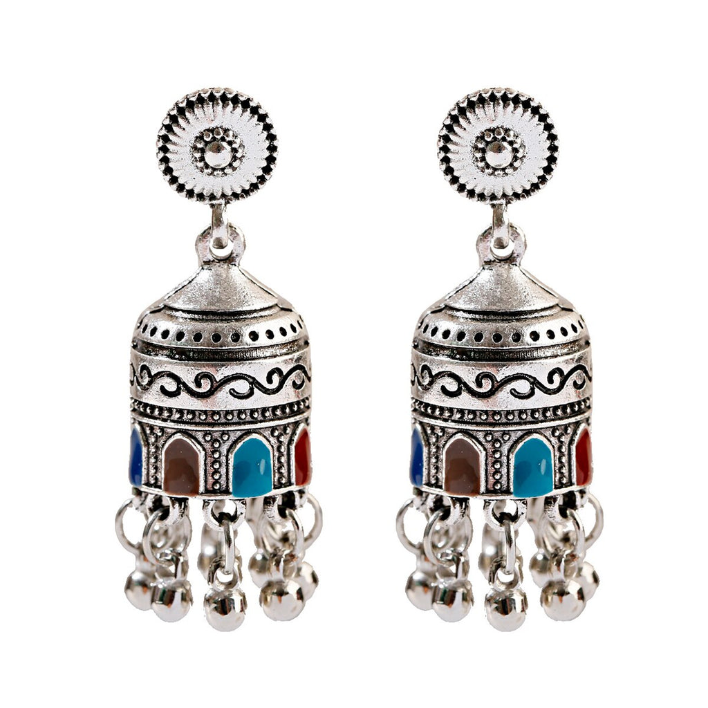 Ethnic Hollow Flower Turkish Jhumka Earrings For Women Vintage Indian Jewelry Silver Color Bell Tassel Dangling Earrings