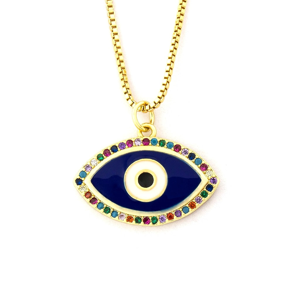 Luxury Blue Cubic Zirconia Evil Eye Necklace For Women Rainbow  Crystal Rhinestone Pendant Necklace Best Party Birthday Gift